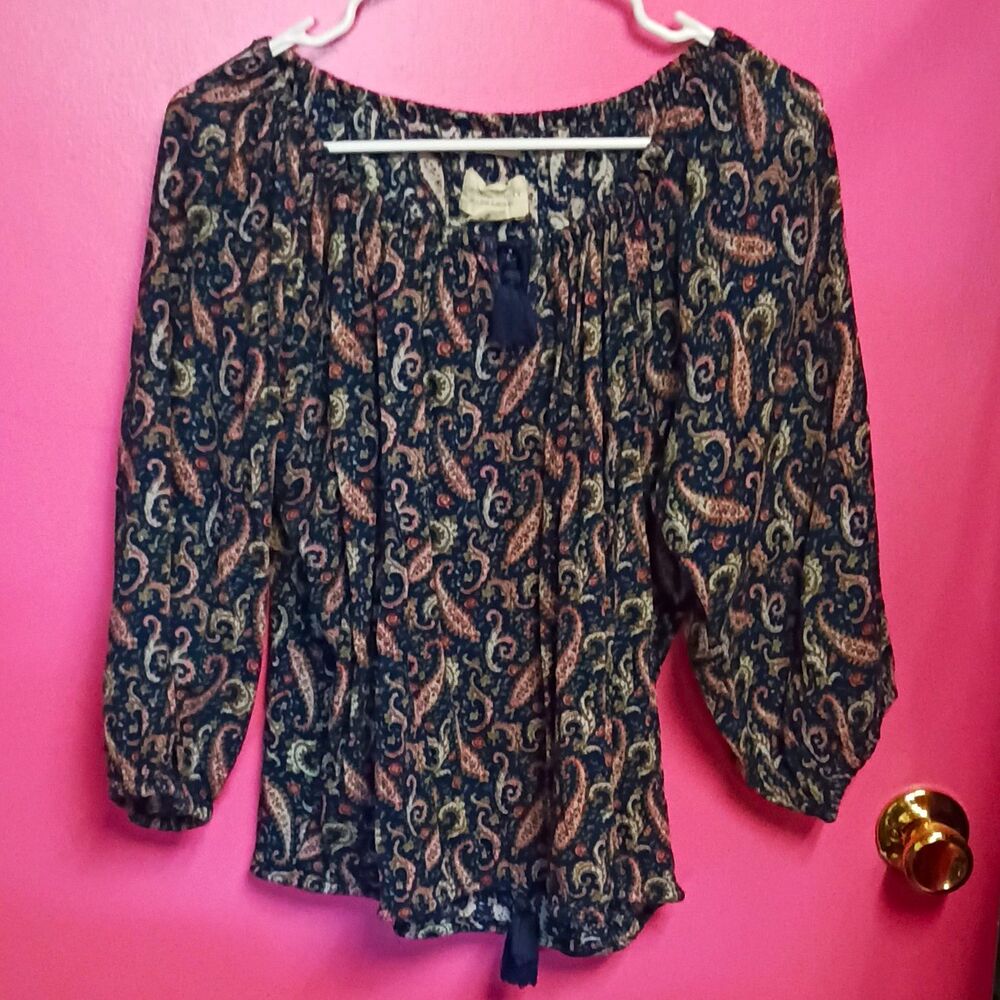 Denim & Supply Ralph Lauren Boho Paisley Tassel Peasant Blouse 3/4 Sleeve S